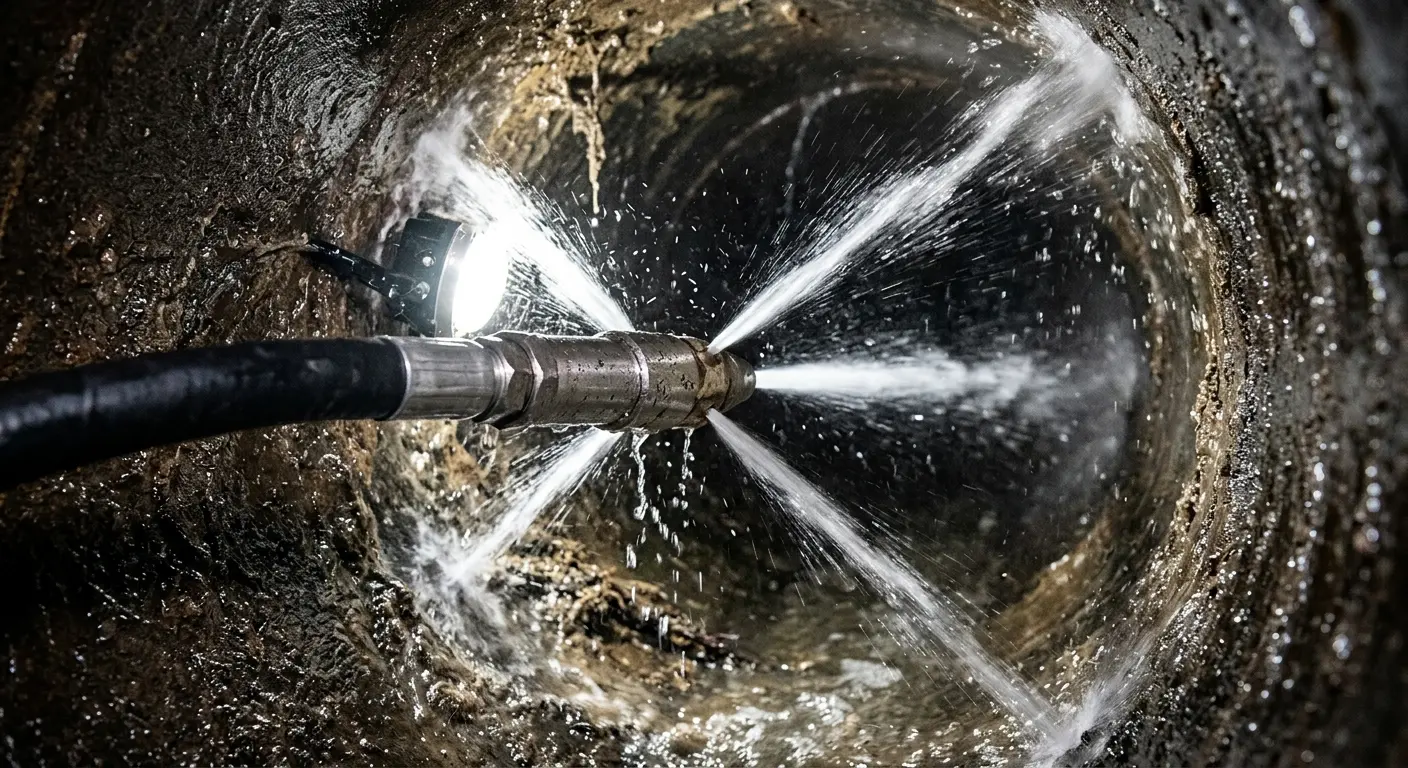 High-pressure hydro jetting nozzle cleaning sewer pipe for Emergency Drain Service in Addison
